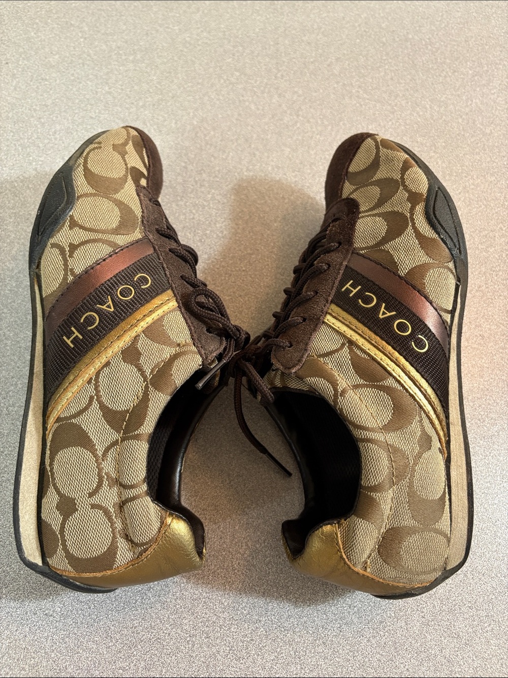 Coach Brown Monogram Logo Lace-Up Sneakers with Gold Trim - Picture 7 of 14